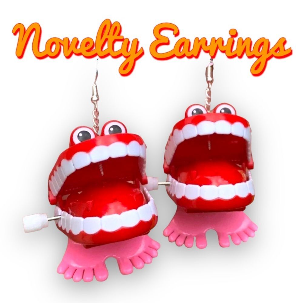 5/$25 Chatter Teeth Wind Up Toy Novelty Earrings NWT